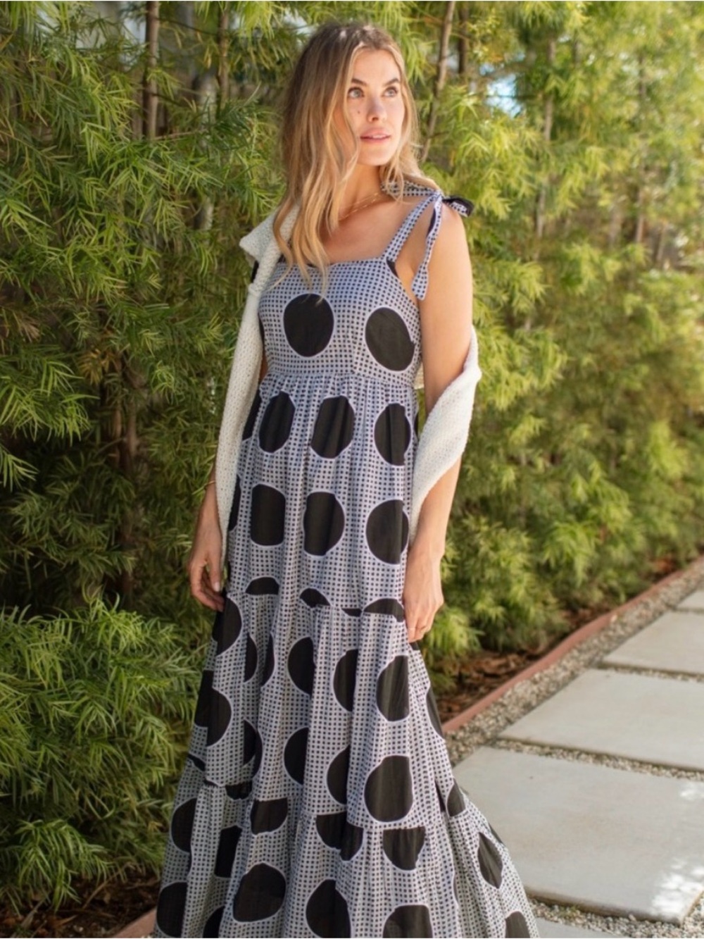 Carly Jean Los Angeles Black & Gray Cotton Polka Dot Tie-Shoulder Maxi Dress L - Picture 1 of 11